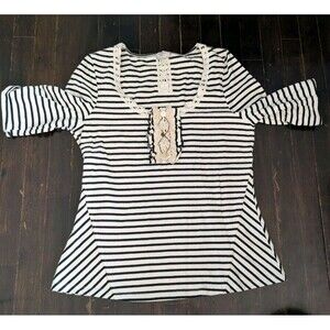 Anthropologie Boho Cottage Stripe Embroidery Crochet Knit Top Blouse Sz L